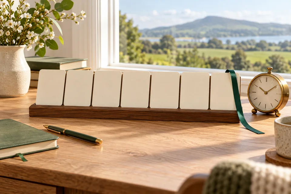 Seven blank calendar cards and a clock beside a green notebook